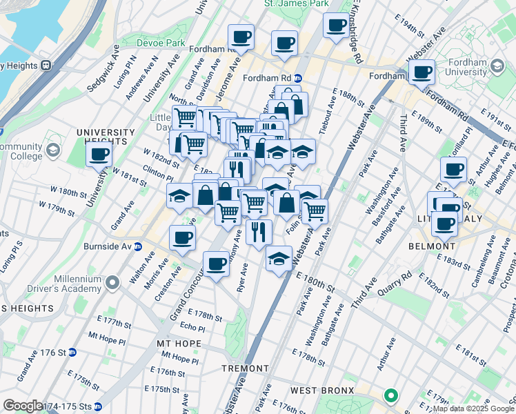 map of restaurants, bars, coffee shops, grocery stores, and more near in The Bronx
