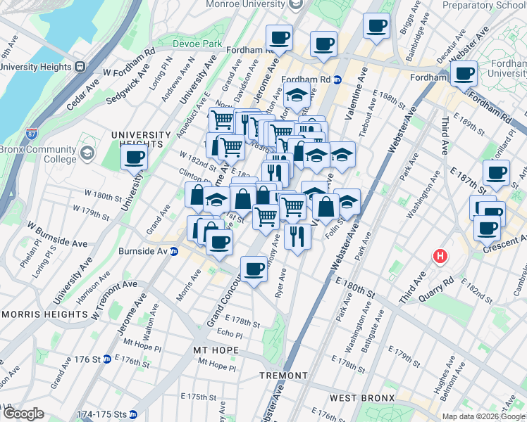 map of restaurants, bars, coffee shops, grocery stores, and more near 2188 Creston Avenue in The Bronx