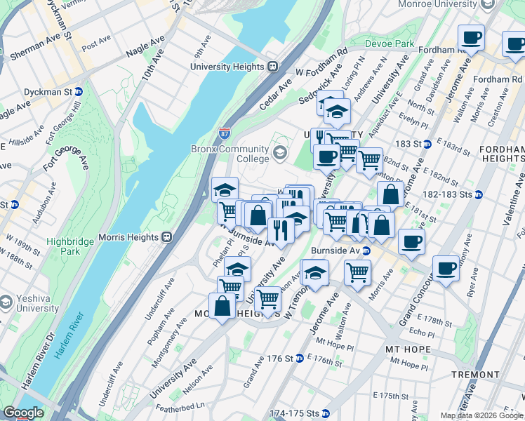 map of restaurants, bars, coffee shops, grocery stores, and more near 1944 Loring Place South in Bronx