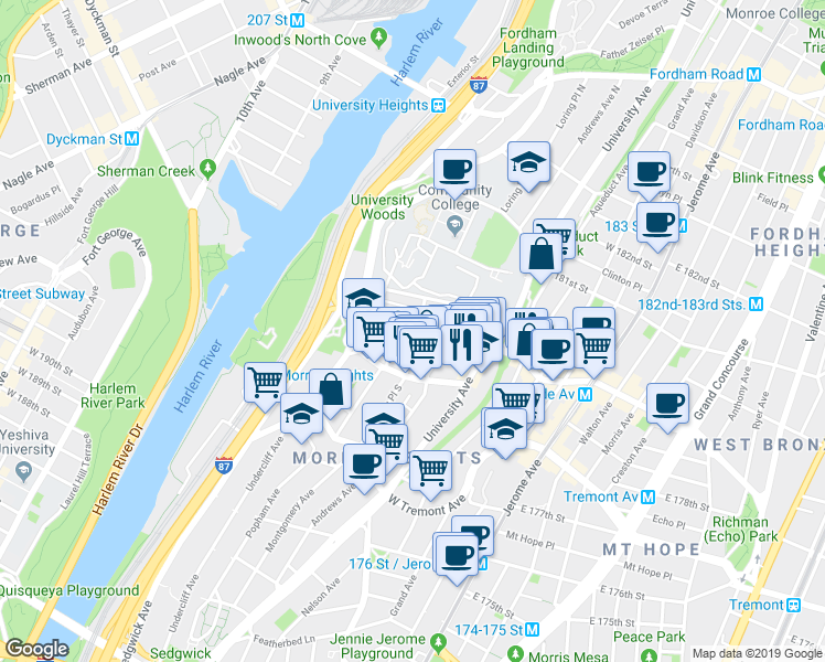 map of restaurants, bars, coffee shops, grocery stores, and more near 1944 Loring Place South in Bronx