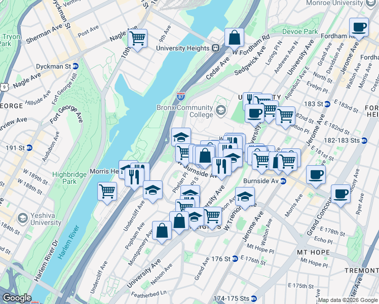 map of restaurants, bars, coffee shops, grocery stores, and more near 210 West 179th Street in The Bronx