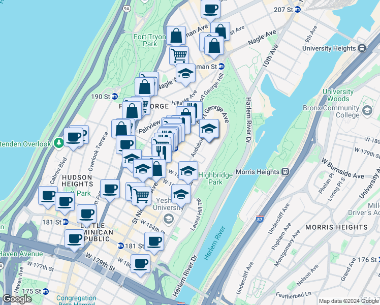 map of restaurants, bars, coffee shops, grocery stores, and more near 530 Audubon Avenue in New York