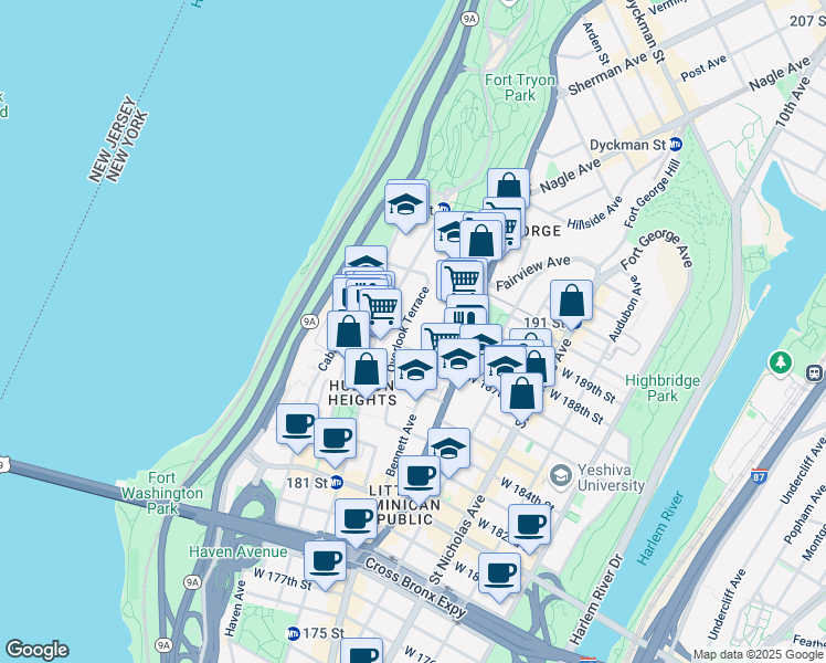 map of restaurants, bars, coffee shops, grocery stores, and more near 160 Bennett Avenue in New York