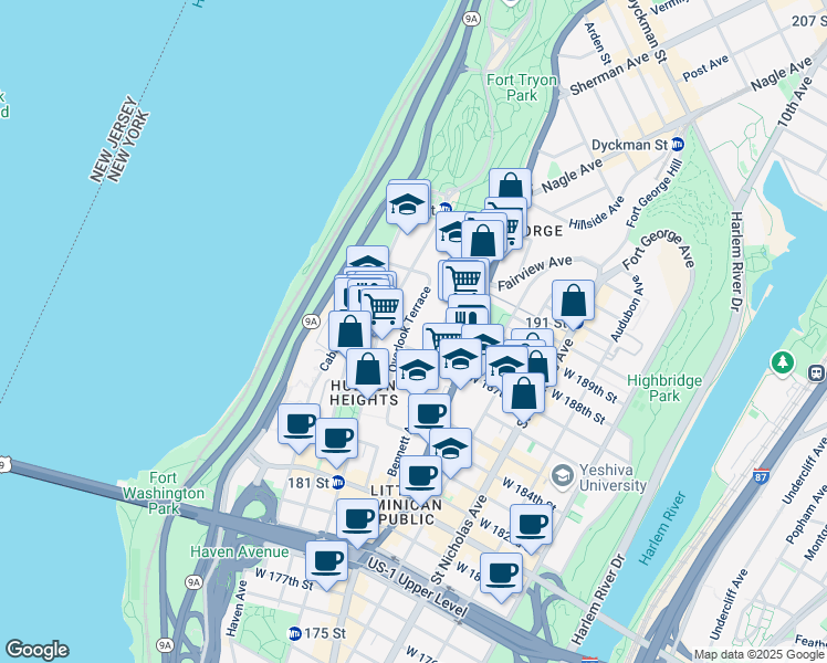 map of restaurants, bars, coffee shops, grocery stores, and more near 160 Bennett Avenue in New York