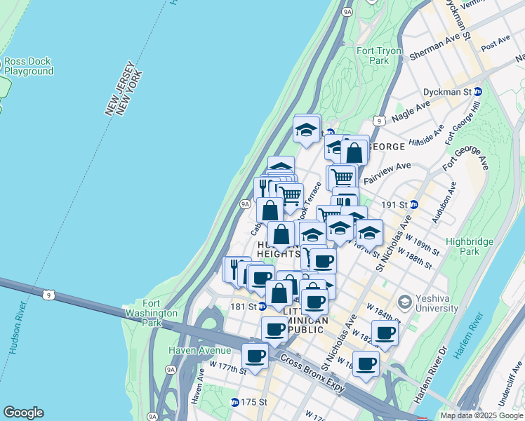 map of restaurants, bars, coffee shops, grocery stores, and more near Cabrini Boulevard in New York