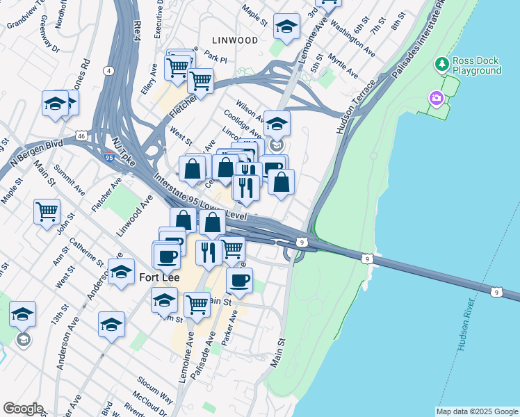 map of restaurants, bars, coffee shops, grocery stores, and more near 2152 New Jersey 67 in Fort Lee