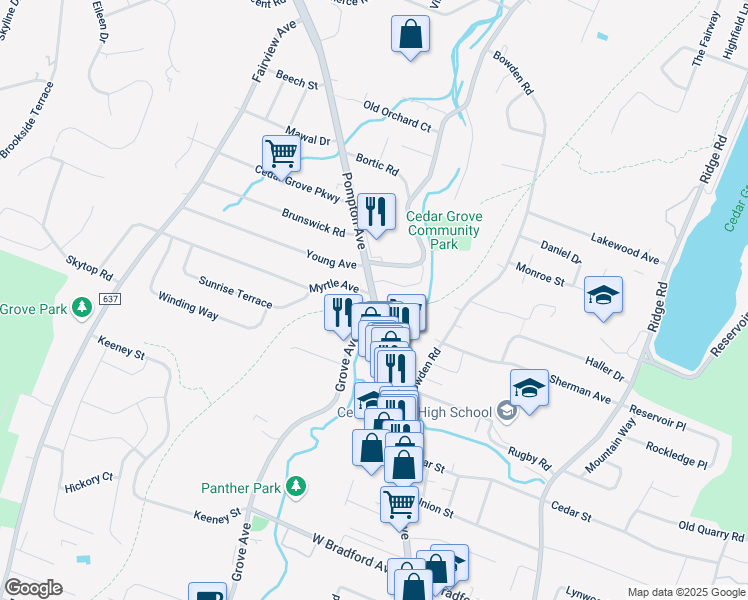 map of restaurants, bars, coffee shops, grocery stores, and more near 650 Pompton Avenue in Cedar Grove
