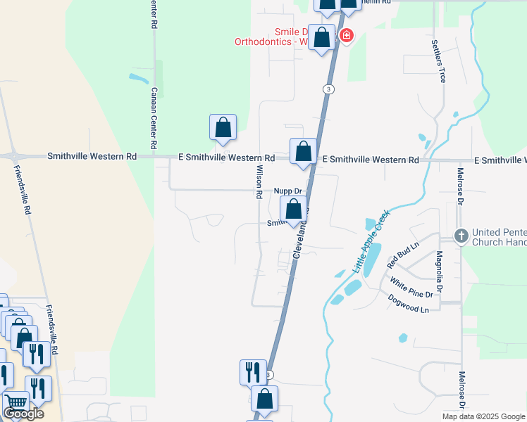 map of restaurants, bars, coffee shops, grocery stores, and more near 4632 Wilson Road in Wooster