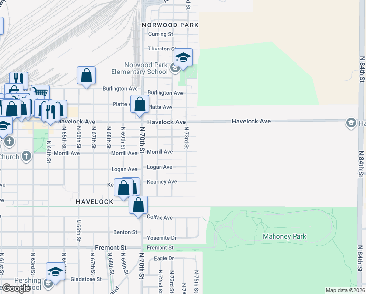 map of restaurants, bars, coffee shops, grocery stores, and more near 4241 North 73rd Street in Lincoln