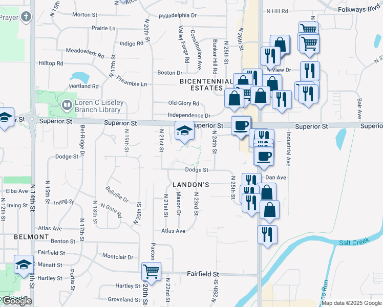 map of restaurants, bars, coffee shops, grocery stores, and more near 2200 Dodge Street in Lincoln