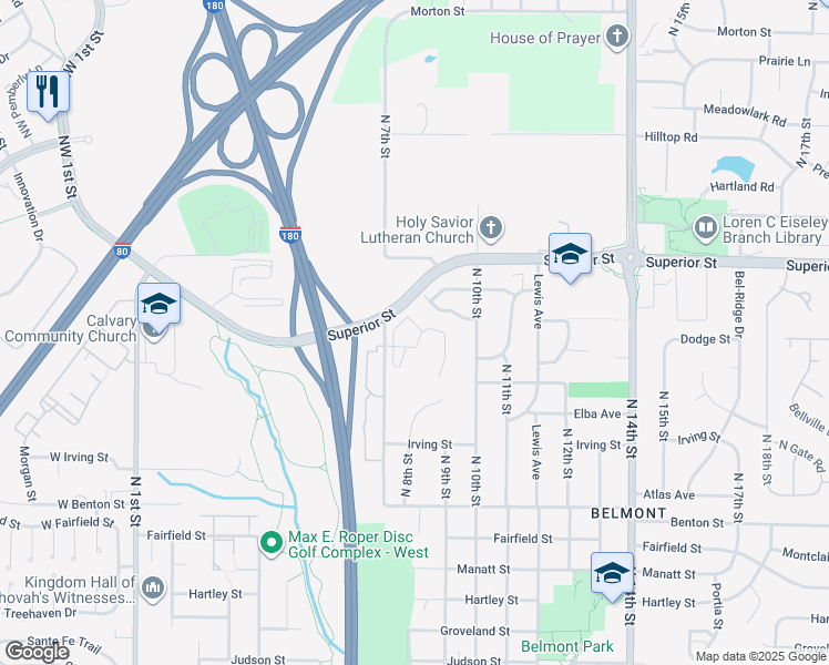 map of restaurants, bars, coffee shops, grocery stores, and more near 4400 North 7th Street in Lincoln