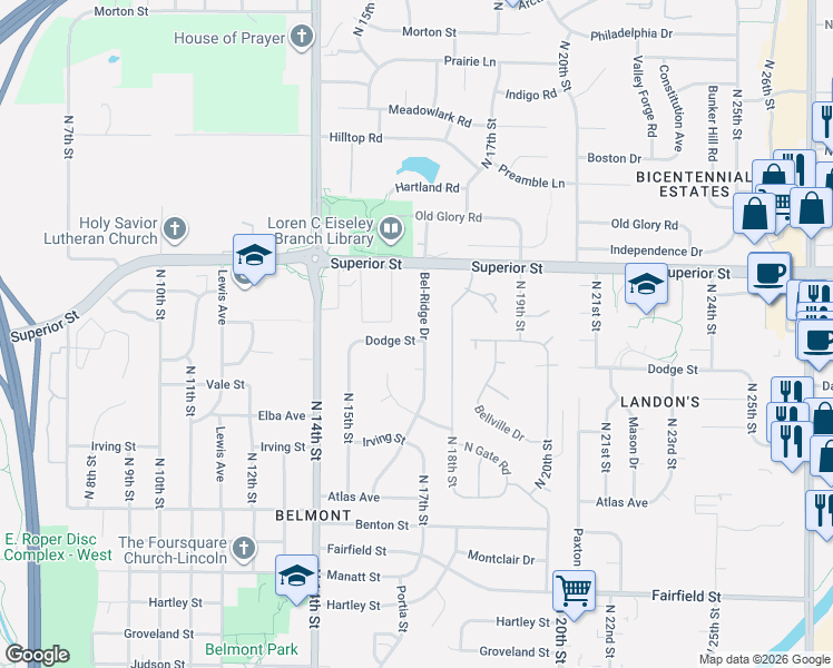 map of restaurants, bars, coffee shops, grocery stores, and more near 1624 Dodge Street in Lincoln
