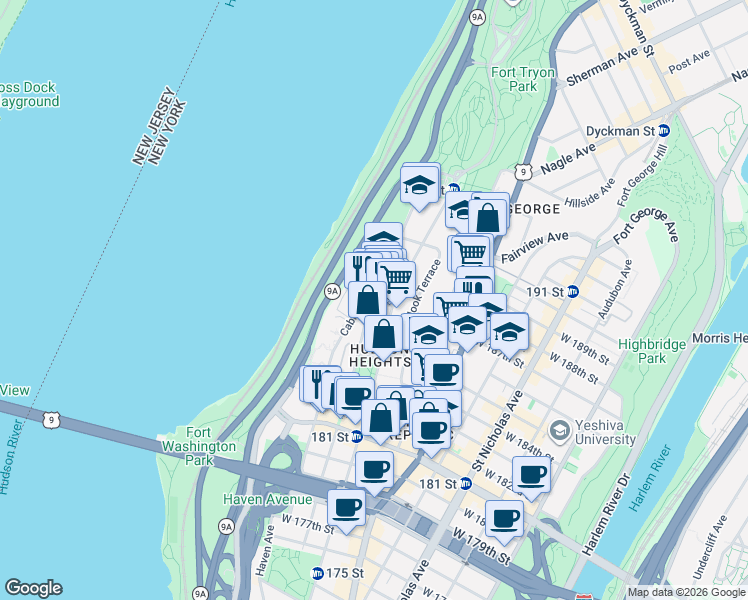 map of restaurants, bars, coffee shops, grocery stores, and more near 814 W 187th St in New York