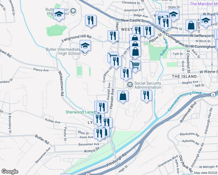 map of restaurants, bars, coffee shops, grocery stores, and more near 107 Peterson Street in Lyndora