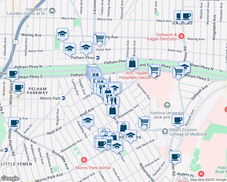 map of restaurants, bars, coffee shops, grocery stores, and more near 2015 Hering Avenue in Bronx
