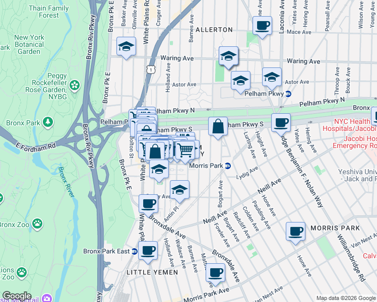 map of restaurants, bars, coffee shops, grocery stores, and more near 2154 Barnes Avenue in Bronx