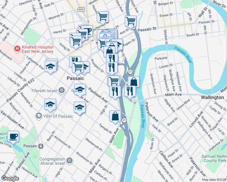 map of restaurants, bars, coffee shops, grocery stores, and more near 85 Gregory Avenue in Passaic