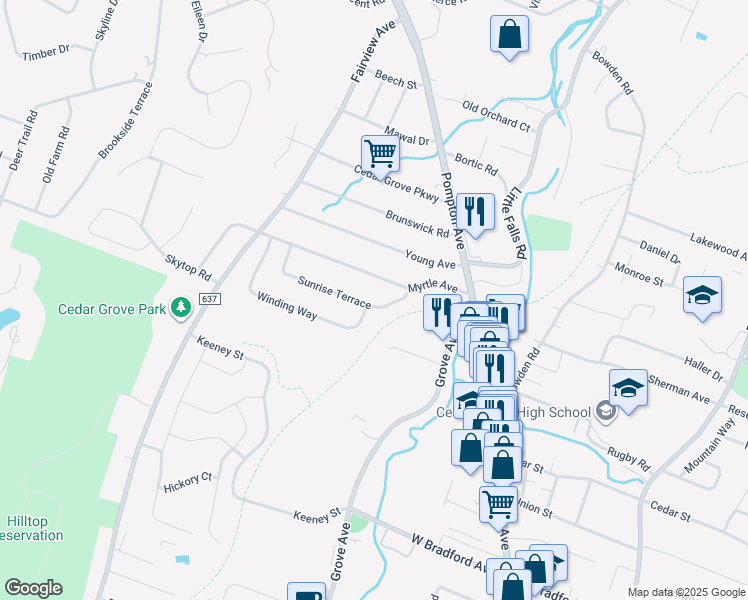 map of restaurants, bars, coffee shops, grocery stores, and more near 58 Sunrise Terrace in Cedar Grove
