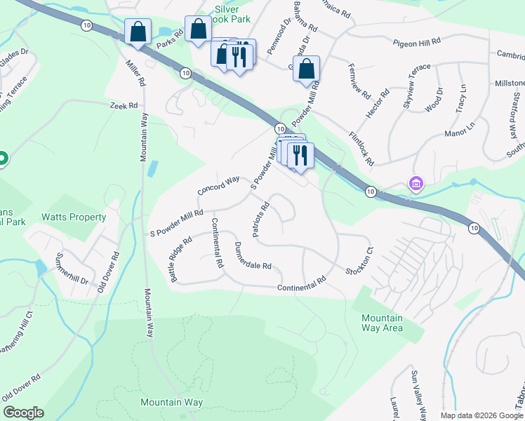 map of restaurants, bars, coffee shops, grocery stores, and more near 83 Patriots Road in Morris Plains