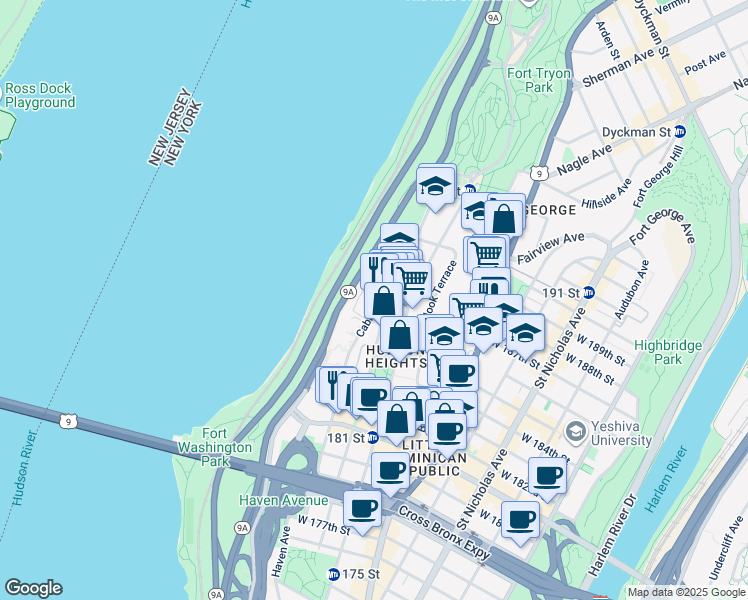 map of restaurants, bars, coffee shops, grocery stores, and more near 250 Cabrini Boulevard in New York