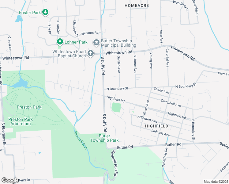 map of restaurants, bars, coffee shops, grocery stores, and more near 253 North Boundary Street in Butler
