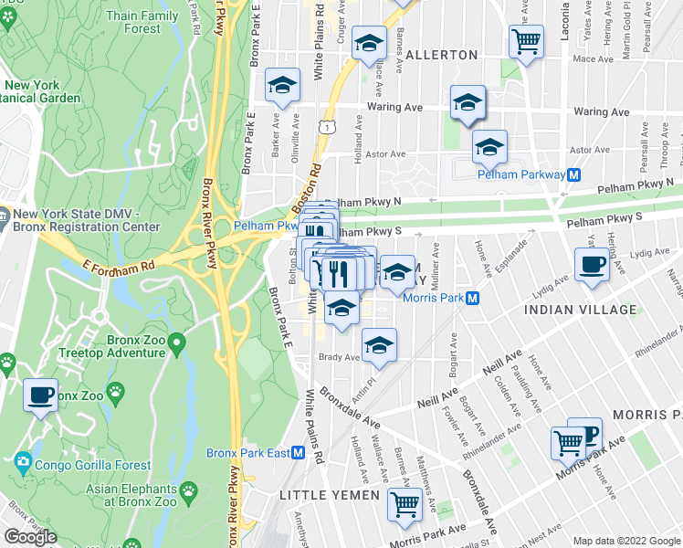 map of restaurants, bars, coffee shops, grocery stores, and more near 2157 Holland Avenue in Bronx