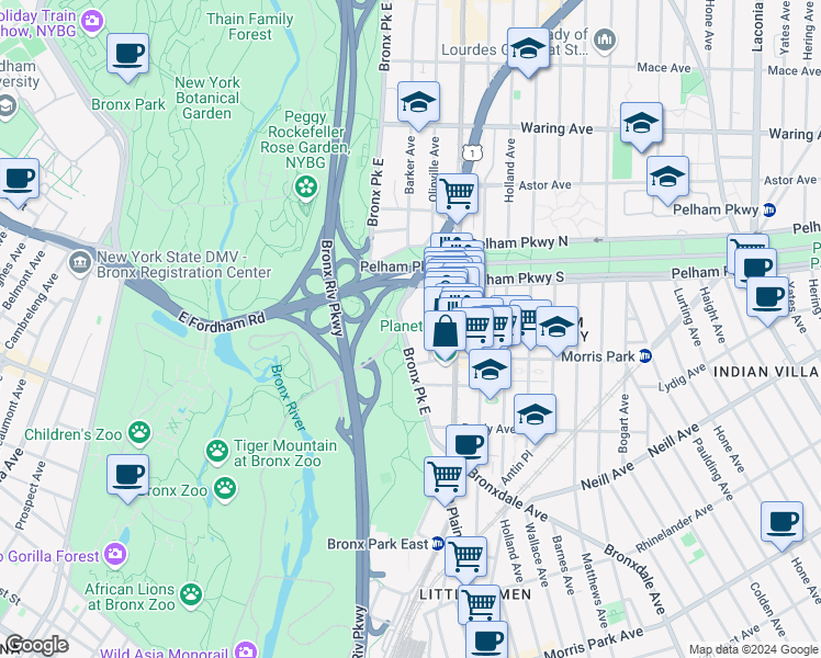 map of restaurants, bars, coffee shops, grocery stores, and more near 2185 Bolton Street in The Bronx