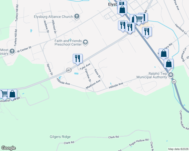 map of restaurants, bars, coffee shops, grocery stores, and more near 134 Kase Street in Elysburg