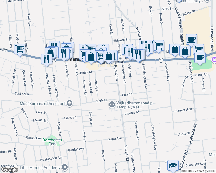map of restaurants, bars, coffee shops, grocery stores, and more near 8 Silver Drive in Centereach