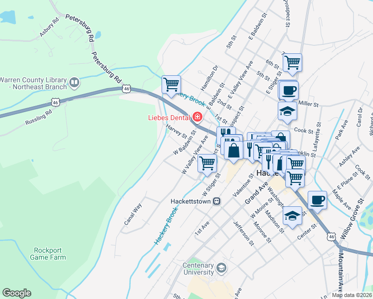 map of restaurants, bars, coffee shops, grocery stores, and more near 300 West Baldwin Street in Hackettstown