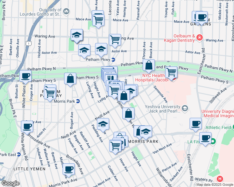 map of restaurants, bars, coffee shops, grocery stores, and more near 2103 Williamsbridge Road in Bronx