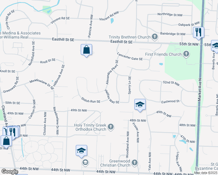 map of restaurants, bars, coffee shops, grocery stores, and more near 1588 Alexandria Parkway Southeast in North Canton