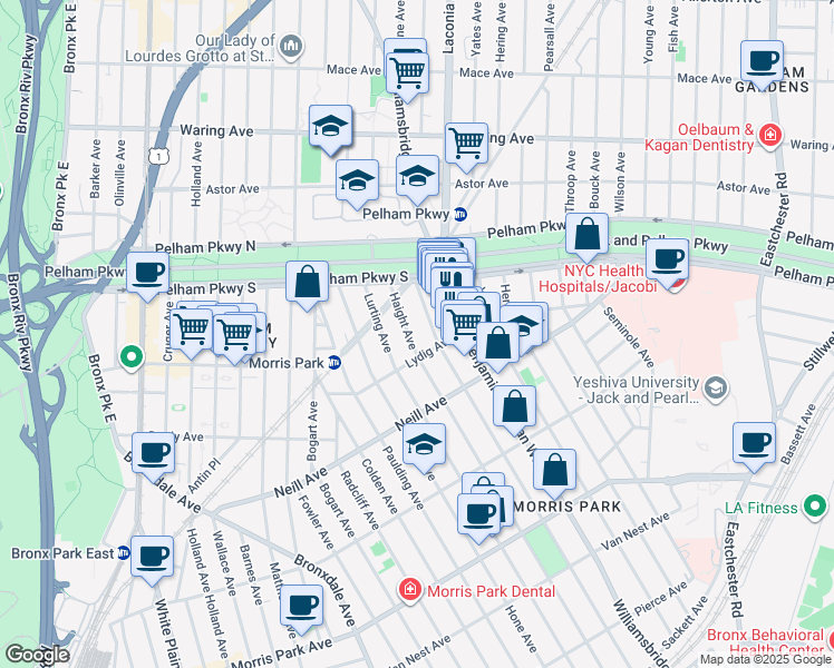 map of restaurants, bars, coffee shops, grocery stores, and more near 2121 Tomlinson Avenue in Bronx