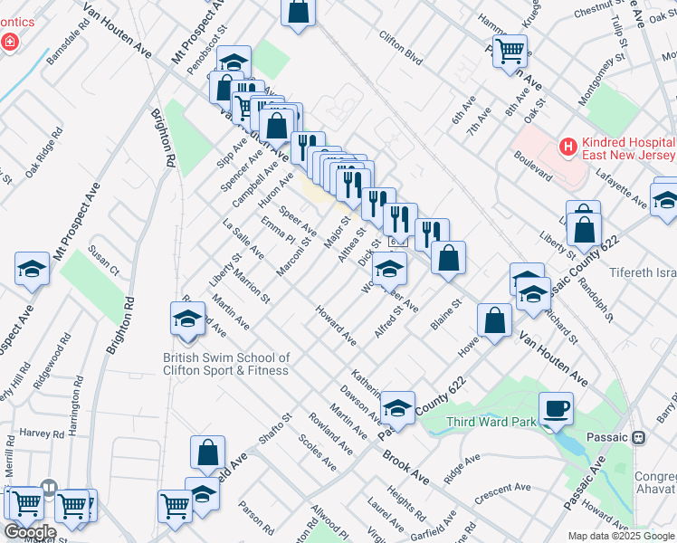 map of restaurants, bars, coffee shops, grocery stores, and more near 57 Althea Street in Clifton
