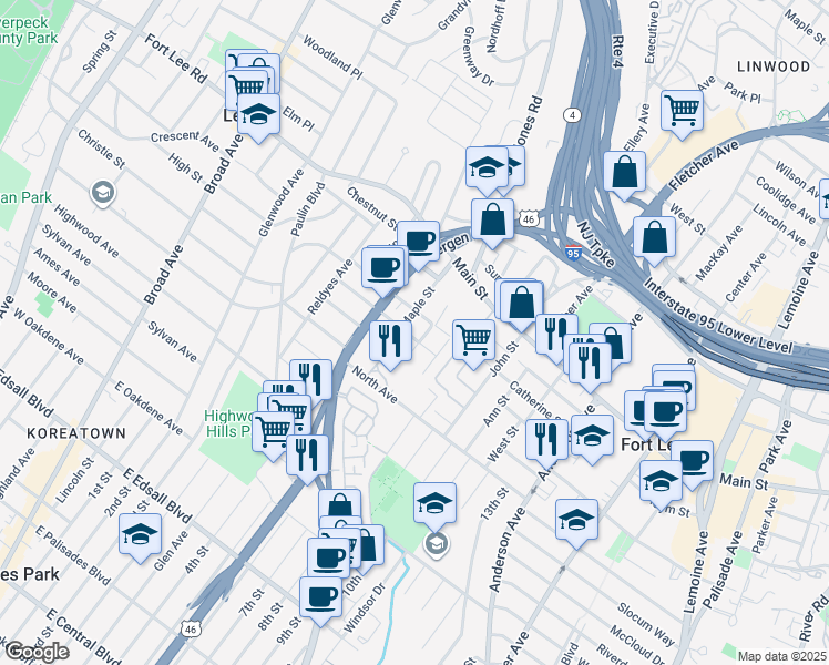 map of restaurants, bars, coffee shops, grocery stores, and more near 7 Hazlitt Avenue in Fort Lee