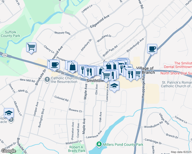 map of restaurants, bars, coffee shops, grocery stores, and more near in Smithtown