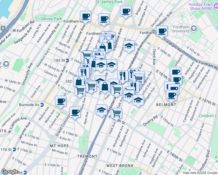 map of restaurants, bars, coffee shops, grocery stores, and more near 2240 Tiebout Avenue in Bronx