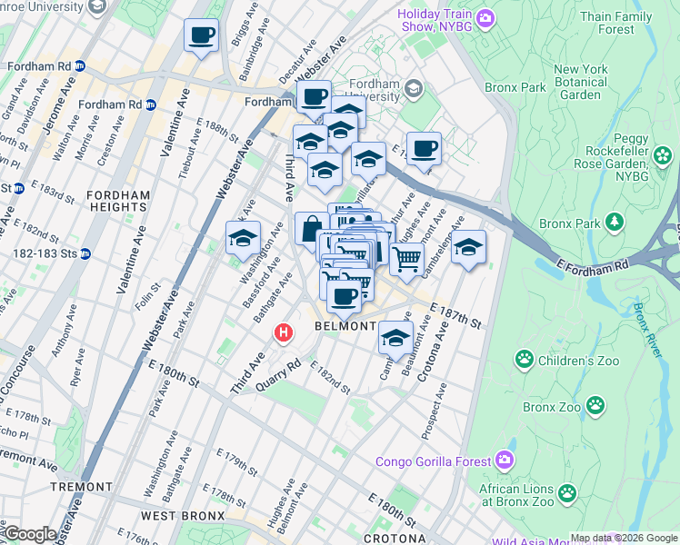 map of restaurants, bars, coffee shops, grocery stores, and more near 2376 Hoffman Street in Bronx