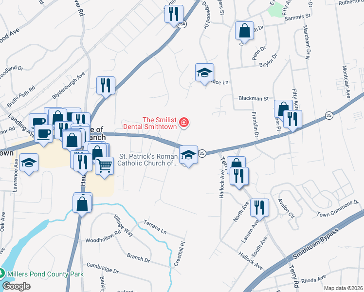 map of restaurants, bars, coffee shops, grocery stores, and more near 319 East Main Street in Smithtown