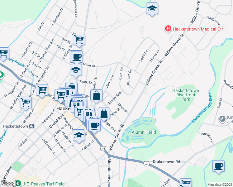 map of restaurants, bars, coffee shops, grocery stores, and more near 304 Ashley Avenue in Hackettstown