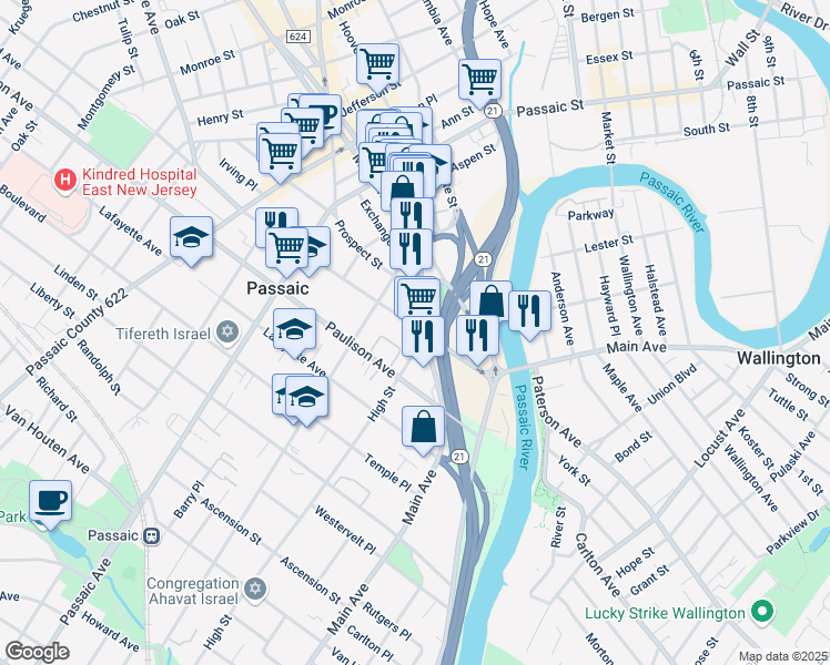 map of restaurants, bars, coffee shops, grocery stores, and more near 85 Gregory Avenue in Passaic