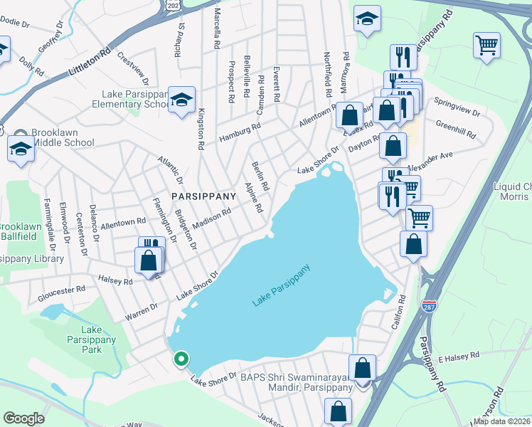 map of restaurants, bars, coffee shops, grocery stores, and more near 402 Lake Shore Drive in Parsippany-Troy Hills