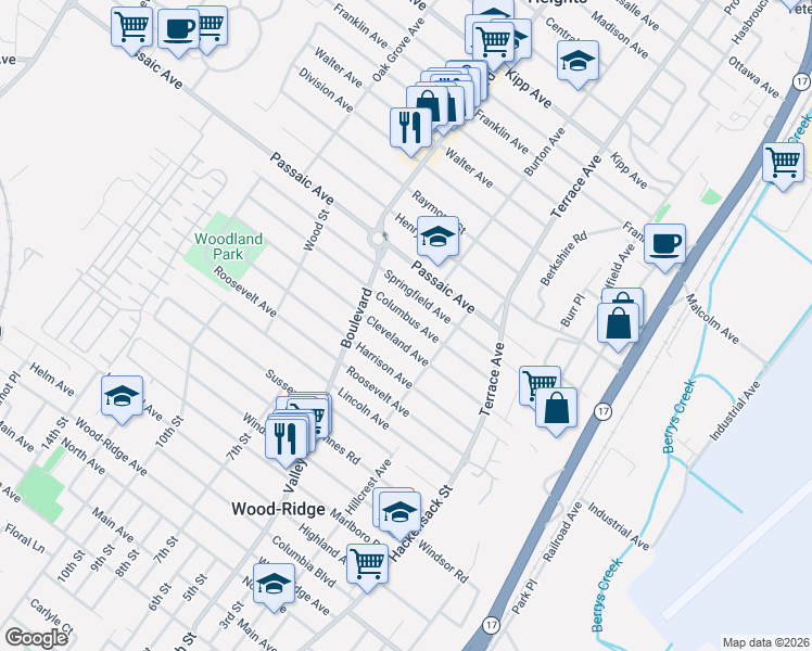 map of restaurants, bars, coffee shops, grocery stores, and more near 242 Columbus Avenue in Hasbrouck Heights