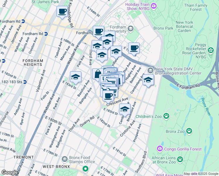 map of restaurants, bars, coffee shops, grocery stores, and more near in The Bronx