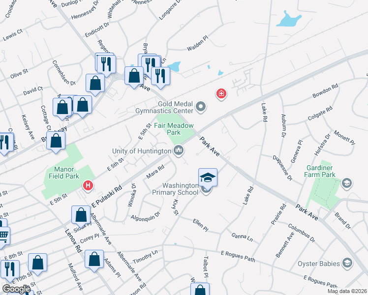 map of restaurants, bars, coffee shops, grocery stores, and more near 209 East Pulaski Road in Huntington Station