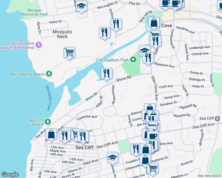 map of restaurants, bars, coffee shops, grocery stores, and more near 18 Hammond Road in Glen Cove