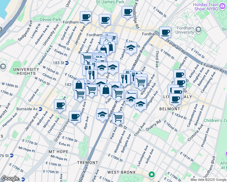 map of restaurants, bars, coffee shops, grocery stores, and more near 2240 Tiebout Avenue in Bronx