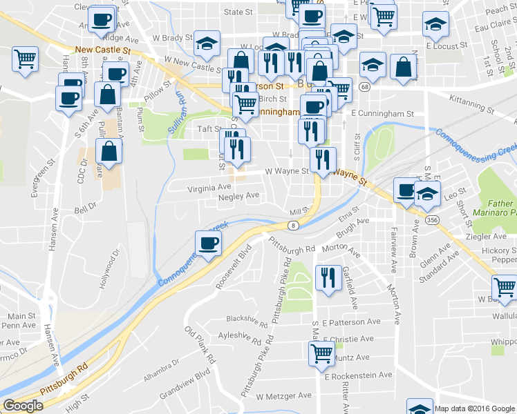 map of restaurants, bars, coffee shops, grocery stores, and more near 303 Negley Avenue in Butler