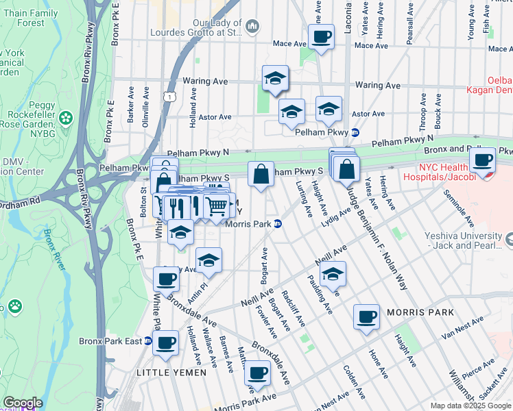 map of restaurants, bars, coffee shops, grocery stores, and more near 2156 Muliner Avenue in The Bronx
