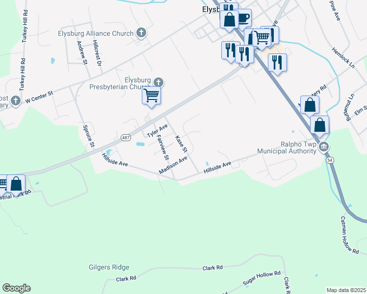 map of restaurants, bars, coffee shops, grocery stores, and more near Kase St in Elysburg